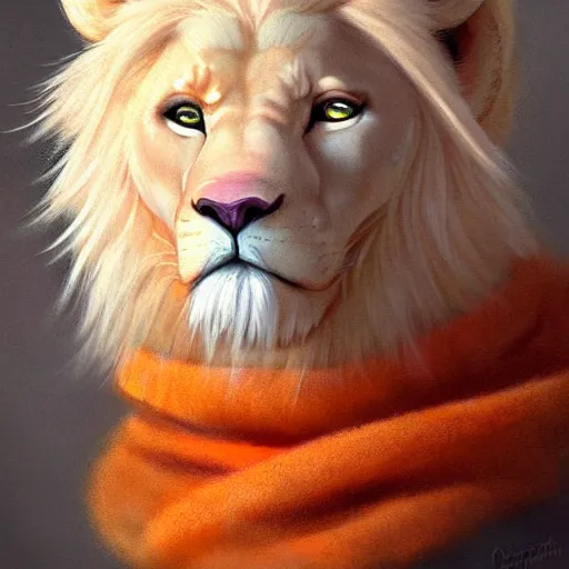 Prompt: aesthetic portrait commission of a albino male furry anthro lion wearing a cute orange colored cozy soft pastel winter outfit, detailed face , hyperdetailed, autumn atmosphere. Character design by charlie bowater, ross tran, artgerm, and makoto shinkai, detailed, inked, western comic book art, 2021 award winning painting