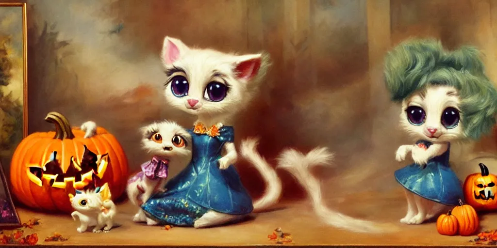 Prompt: 3 d littlest pet shop animal, vintage royalty, antique perfume, playful, halloween, night, master painter and art style of noel coypel, art of emile eisman - semenowsky, art of edouard bisson