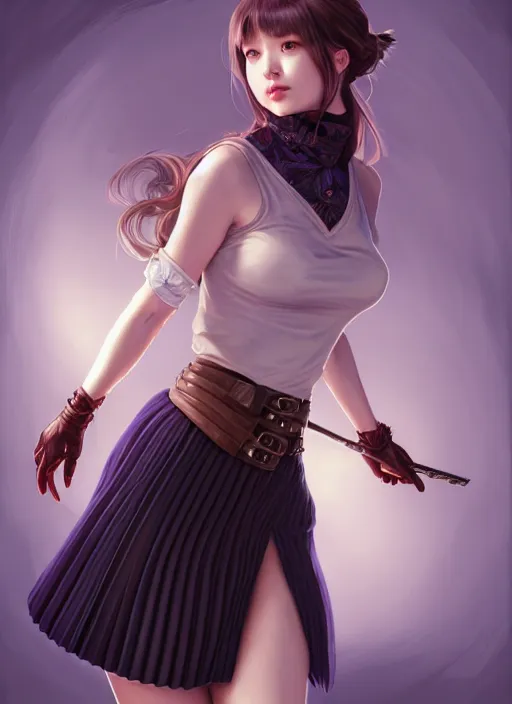 Image similar to portrait of a full body of beautiful young female detective, d & d, sleeveless turtleneck, pleated skirt, fantasy, flat lighting, intricate, highly detailed, digital painting, artstation, concept art, smooth, sharp focus, illustration, misa amane, art by simon bisley and greg rutkowski and alphonse mucha, natural tpose