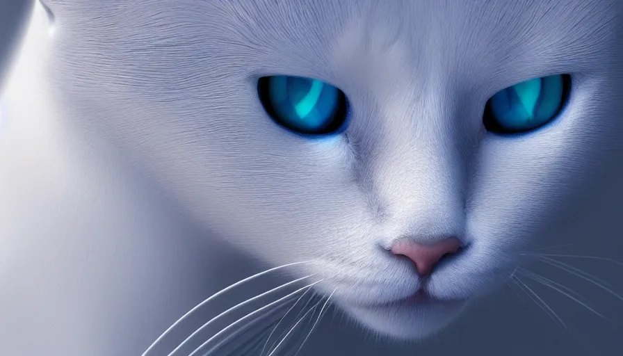 Prompt: shiny white cat with blue electric eyes, snow, light, shadow, volumetric light, hyperdetailed, artstation, cgsociety, 8 k