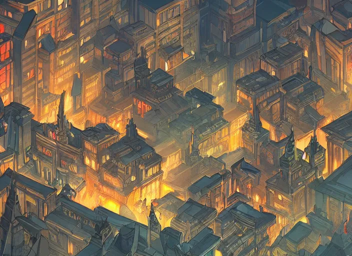 Image similar to wide establishing shot of a dungeons and dragons battle map of a modern city, dynamic composition, dramatic lighting, trending on artstation, digital art, stylized painting