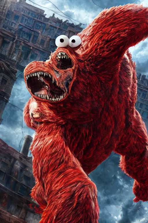 Prompt: elmo as a Titan from Attack on Titan, oil on canvas, intricate, portrait, 8k highly professionally detailed, HDR, CGsociety