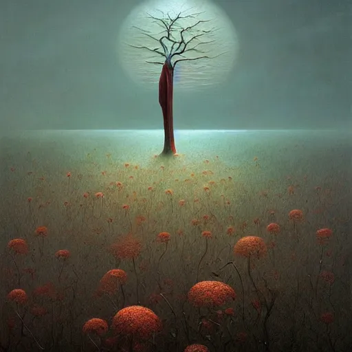 Prompt: dreams of splendor by zdzislaw beksinski and gediminas pranckevicius and tiffany bozic, cold hues, warm tone gradient background, concept art, beautiful composition, digital painting
