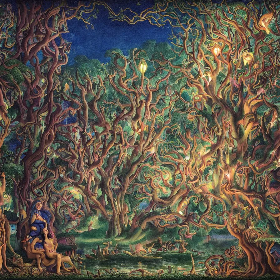 Image similar to a night carnival around a magical in a summer storm, tree cavity with a music scenario with many fireworks and christmas lights, next to a lake with iridiscent lake water, volumetric lightning, folklore people disguised with fantastic creatures in a magical forest by summer night, masterpiece painted by evelyn de morgan, scene by dark night environment, refraction lights, five star stories