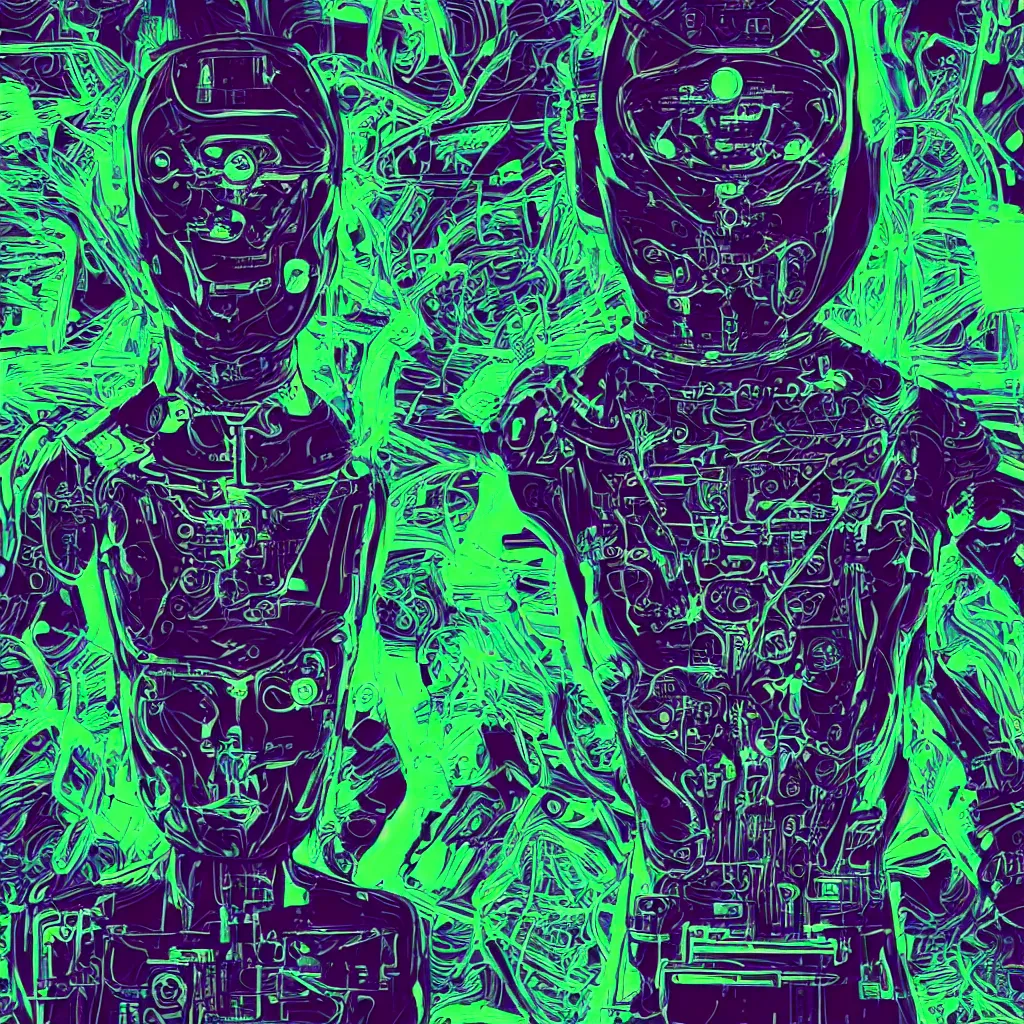 Image similar to photo of a black tshirt with a hyperdetailed futuristic trippy cyberpunk meditating robot head, 8 k, symetrical, flourescent colors, multicolored tshirt art,