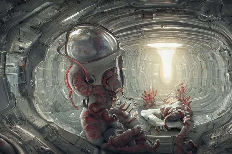 Image similar to hyperrealistic photography of a Space alien prison with humans locked in the cells, hyperdetailed, artstation, cgsociety, 8k, squid monster astronaut, in the style of Jin Kagetsu, James Jean and wlop, highly detailed, vivid colors, sharp focus, intricate concept art, digital painting, ambient lighting, 4k, artstation