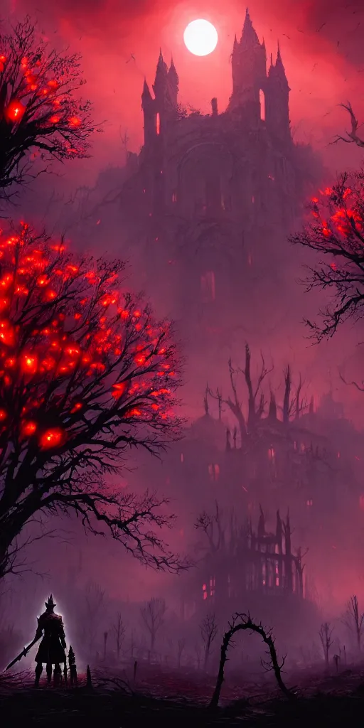 Image similar to abandoned bloodborne old valley with a person at the centre and a ruined city at the end, trees and stars in the background, falling red petals, epic red - orange moonlight, perfect lightning, illustration by niko delort and kentaro miura, 4 k, ultra realistic