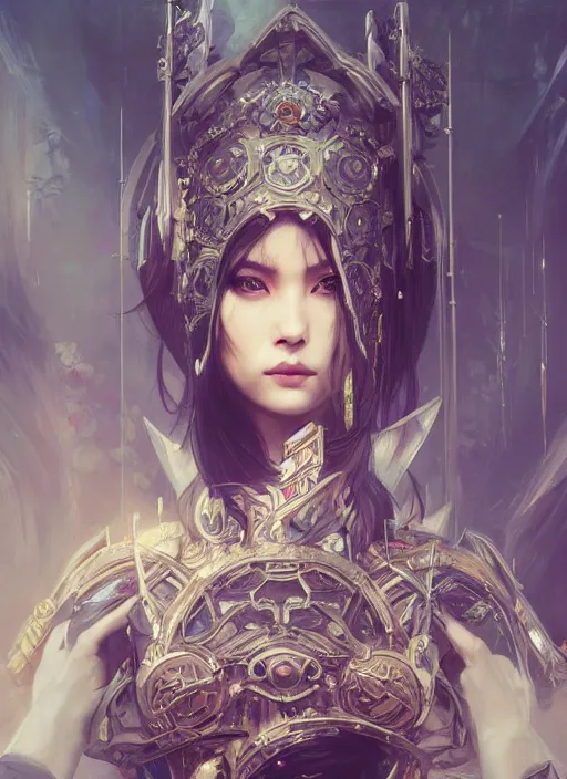 Image similar to portrait of beautiful pale gothic asian maiden, warhammer 40000, cyberpunk, intricate, elegant, highly detailed, digital painting, artstation, concept art, smooth, sharp focus, illustration, art by artgerm and greg rutkowski and alphonse mucha and Gustav Klimt