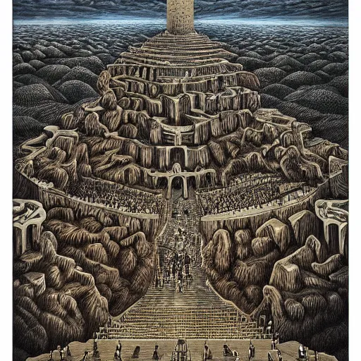 Prompt: the fall of Babylon. Highly Detailed. Masterpiece. By Jeffrey Smith