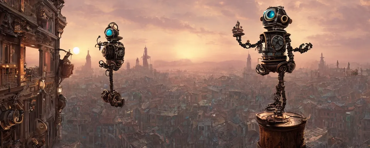 Image similar to a small cute steampunk robot standing on top of a building ledge overlooking a large renaissance steampunk city at sunset, backlit, by Eddie Mendoza , raphael lacoste, Andree Wallin, cinematic lighting, 8k, very detailed, ornate, beautiful composition,