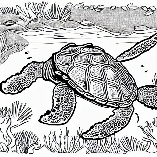Prompt: grayscale coloring page of an underwater sea turtle