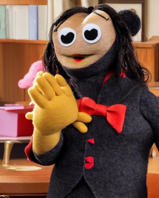 Image similar to kelly kapoor as a muppet. highly detailed felt. hyper real photo. 4 k.