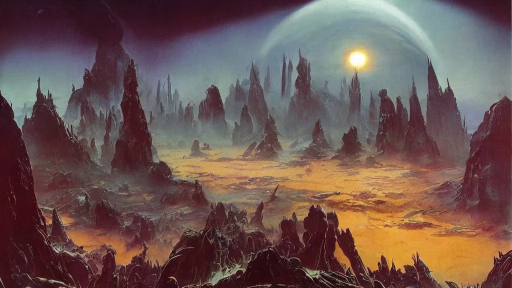 Image similar to surreal eerie alien planet empire by frank frazetta and bruce pennington, cinematic matte painting