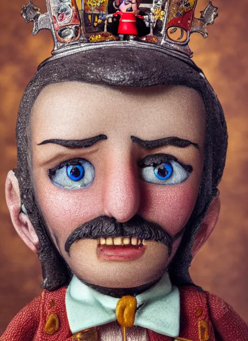 Image similar to closeup face profile portrait of tin toy jack the ripper as a fairytale prince wearing a crown eating cakes, banana, depth of field, zeiss lens, detailed, symmetrical, centered, fashion photoshoot, by nicoletta ceccoli, mark ryden, lostfish, breathtaking, 8 k resolution, extremely detailed, beautiful, establishing shot, artistic, hyperrealistic, octane render