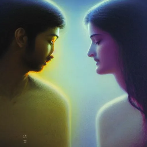 Image similar to perfectly - centered movie promotional poster - photograph of a young indian guy and a beautiful girl side profile faces symmetrical ; real life portrait by beksinski and jean delville, romantic theme, two lovers sharing one heart, unreal engine 5, photorealism, hd quality, 8 k resolution, cinema 4 d, hdr dramatic lighting ; symmetrical, cinematic, high coherence