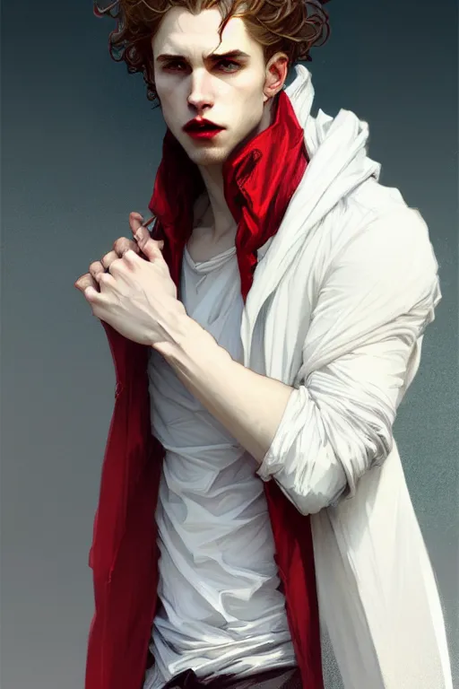 Image similar to portrait of a beautiful young fit male vampire with curly blond hairs and pale skin, dressed with urban clothes, by greg rutkowski and alphonse mucha, d & d character, gradient white to red, modern nocturnal background, highly detailed portrait, digital painting, artstation, concept art, smooth, sharp focus ilustration, artstation hq