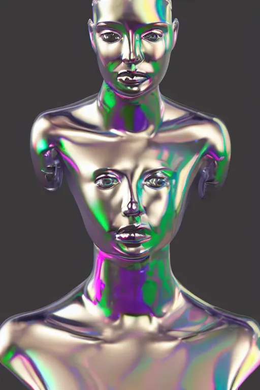 Image similar to 3d render of holographic human robotic bust made of glossy iridescent, bust, surrealistic 3d illustration of a human non-binary, non binary model, 3d model human, cryengine, made of holographic texture, holographic material, holographic rainbow, concept of cyborg and artificial intelligence
