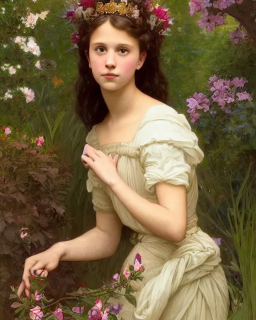 Image similar to a portrait painting of a shy, blushing 1 6 - year old alicia vikander or millie bobby brown as a princess in her garden, hair fanned around, intricate, elegant, highly detailed, artstation, concept art, by krenz cushart and donato giancola and william adolph bouguereau and alphonse mucha