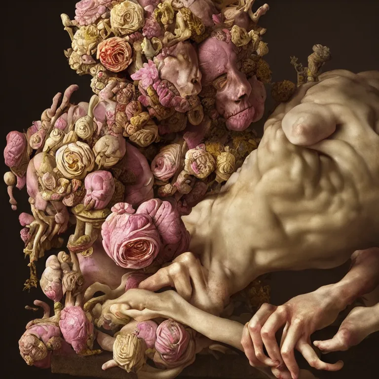 Image similar to still life of rotten flesh, beautiful pastel flowers, human spine, colorful mold, baroque painting, beautiful detailed intricate insanely detailed octane render, 8K artistic photography, photorealistic, chiaroscuro, Raphael, Caravaggio