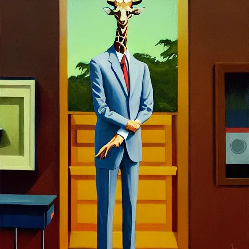 Prompt: Portrait of mr. Giraffe wearing a business suit , very coherent, painted by Edward Hopper, Wayne Barlowe, painted by James Gilleard, airbrush, art by JamesJean