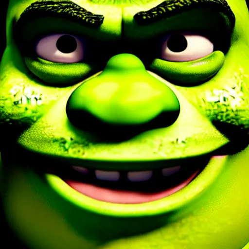 Image similar to a HORRIFYING portrait of shrek. (unsettling and terrifying). bokeh, ultra hd, highly detailed.