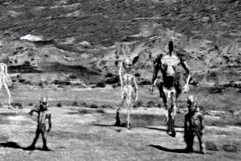 Prompt: leaked 1960s photograph of aliens and UFOs inside area 51