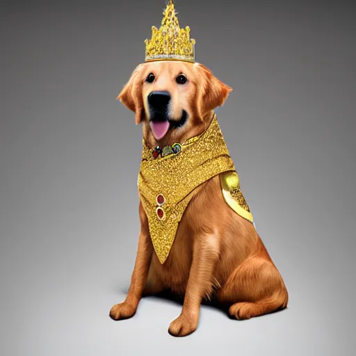 Image similar to Photomanipulation of golden retriver is dressed as a king, Royal standing, ultrarealism, photorealism, detailed, crown and gown