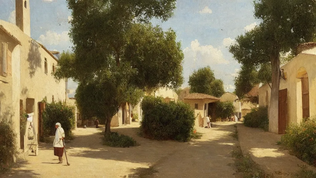 Image similar to a beautiful extremely complex painting of a street in a mediterranean village in summer by peter ilsted, whitewashed housed, tall cypress trees, blue shutters on windows, elderly woman sweeping the ground with a broom, national gallery of art highlights