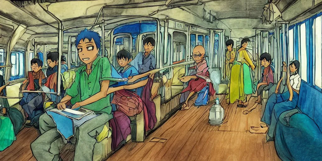 Image similar to inside sri lankan train, drawn by hayao miyazaki