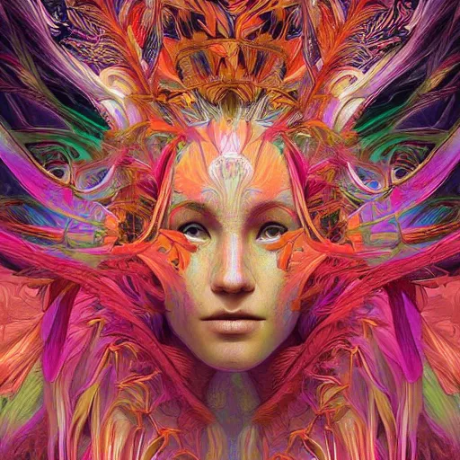 Prompt: Areality bending psychedelic ayahuasca experience, colorful, distorted, surreal, tropical bird feathers, dramatic lighting on the face, intricate, elegant, highly detailed, digital painting, concept art, smooth, sharp focus, illustration, art by Krenz Cushart and Wayne Barlowe and alphonse mucha