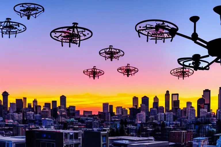 Prompt: hyperrealistic dystopian Seattle at sunset with homeless people and neon sign drones flying through the sky 4k wide angle