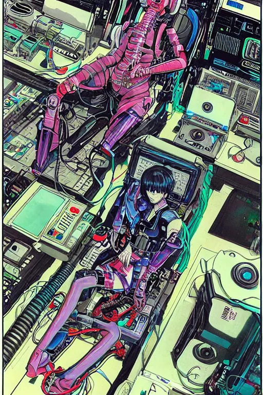 Prompt: a crazy cyberpunk illustration of a female android seated on the floor in a tech labor, seen from the side with her body open showing cables and wires coming out, by masamune shirow and katsuhiro otomo, japan, 1980s, dark, colorful