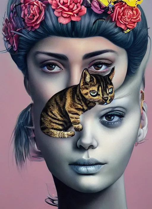 Prompt: beautiful portrait painting of a beautiful attractive woman with a cyborg cat, by Afarin Sajedi, Alessandro Barbucci, Alex Gross, Shin Jeongho, Shohei Otomo. trending on Artstation, 8k, masterpiece, face enhance, graffiti paint, fine detail, full of color, intricate detail, golden ratio illustration