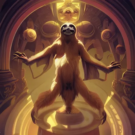 Image similar to unholy sloth, animal sloth, anthropomorphic sloth, demon, demonic robes, unholy light aura, ultra details, art by artgerm, dwayne barlowe, trending on artstation and greg rutkowski and alphonse mucha, 8 k