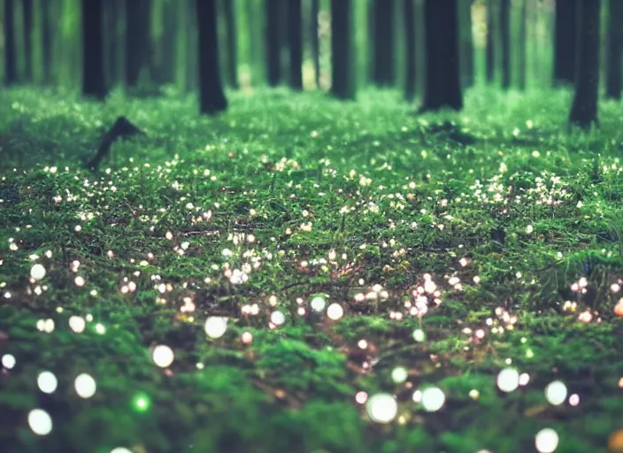 Prompt: a magical forest with delicate flowers and mushrooms that glow in the dusk, macro close up, bokeh,