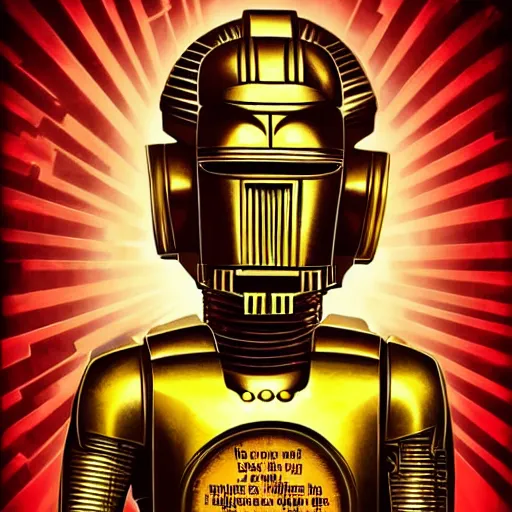 Prompt: A Hyperdetailed Masterpiece of C3P0 in the style of a 1950s propaganda poster