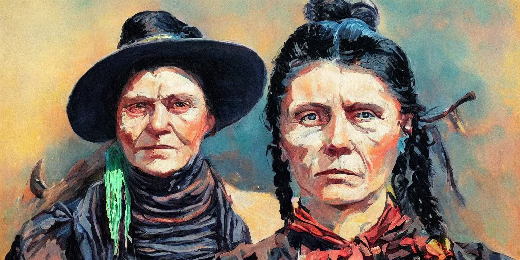 Image similar to portrait of an wild west outlaw woman, colorful