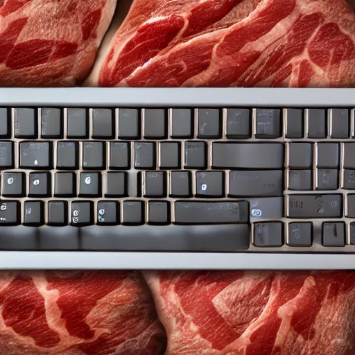 Prompt: A realistic photo of a keyboard made of meat, 8k