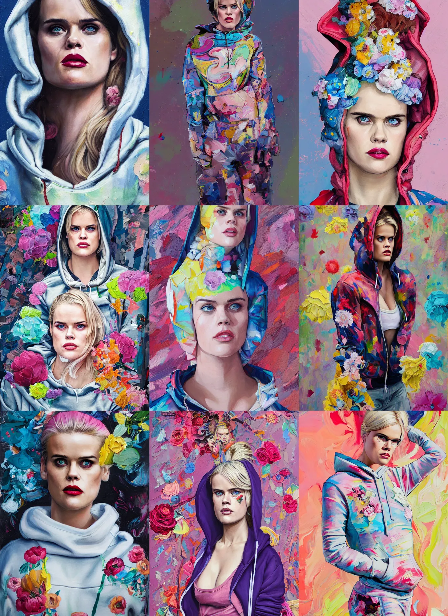 Prompt: alice eve wearing a hoodie standing in a township street in the style of martine johanna, street clothing, haute couture! fashion!, full figure painting by andrei riabovitchev, tara mcpherson, david choe, decorative flowers, detailed painterly impasto brushwork, pastel color palette, die antwoord