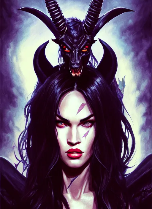 Image similar to portrait of megan fox as a evil demon with hornes, batwings, hell, jewelry, greek, dark, intricate, headshot, key visual, conceptart, ambient lighting, highly detailed, digital painting, artstation, concept art, sharp focus, by makoto shinkai and akihiko yoshida and greg manchess