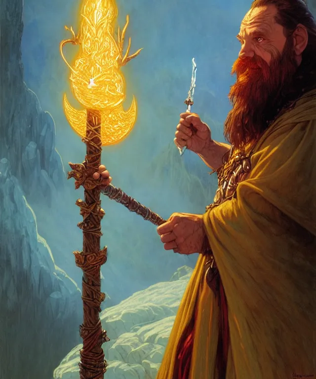 Image similar to gimli as a fantasy dwarf wizard, casting a fireball spell, with a staff and billowing cloak, portrait, fantasy, intricate, elegant, highly detailed, digital painting, artstation, concept art, smooth, sharp focus, illustration, art by larry elmore and greg rutkowski and alphonse mucha