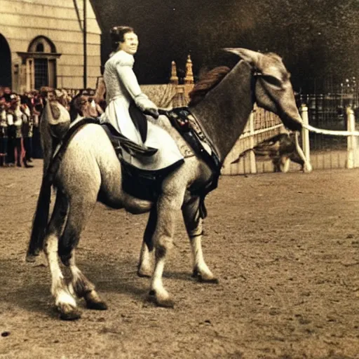 Image similar to queen elizabeth riding on a donkey