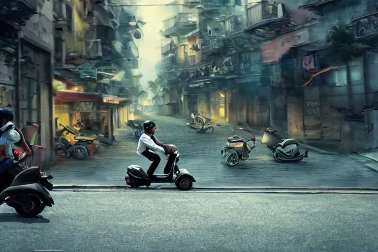 Prompt: moped scooter racing on the street, hyper realistic, very detailed, dramatic scene, realistic lighting, dark fantasy, 4 k, in the style of greg rutkowski