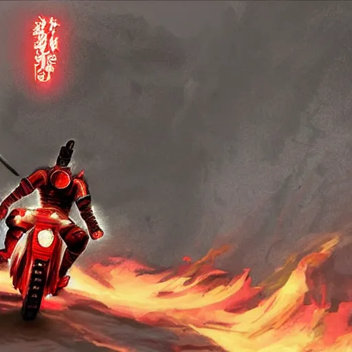 Prompt: cool samurai riding motorcycle through the gates of hell, video game concept art