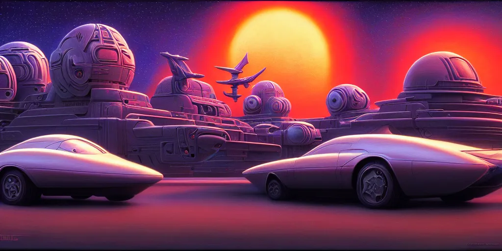 Prompt: cinematic view of a retro scifi car, desaturated, psychedelic, tim hildebrandt, wayne barlowe, bruce pennington, donato giancola, larry elmore, oil on canvas, masterpiece, trending on artstation, featured on pixiv, cinematic composition, dramatic, beautiful lighting, sharp, details, hyper - detailed, hd, hdr, 4 k, 8 k