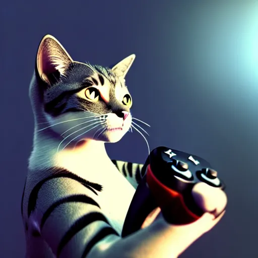 Prompt: a cat playing video games on a controller, photo, octane render, realistic, hyper realistic