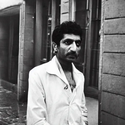 Prompt: Slick photo of Shiv Kumar Batalvi standing outside a building on a day when it rained earlier slightly chilly weather mist in the background photo taken by Saul Leiter and Henri Cartier-Bresson