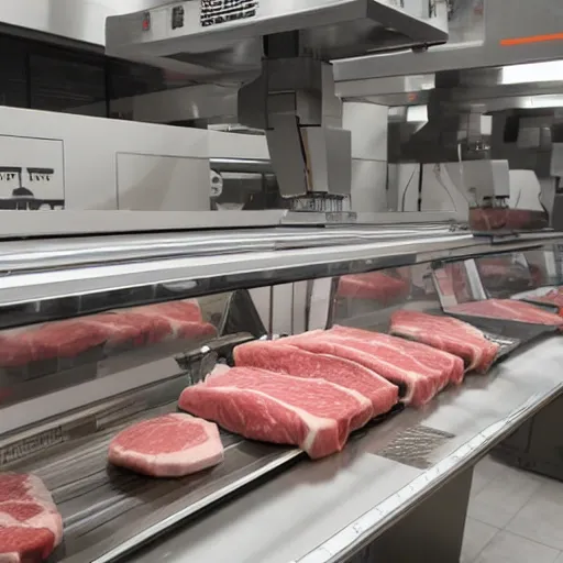 Image similar to butcher shop with robotic kuka robot cutting machines, steel countertops display various cuts of meat, photorealistic, highly detailed