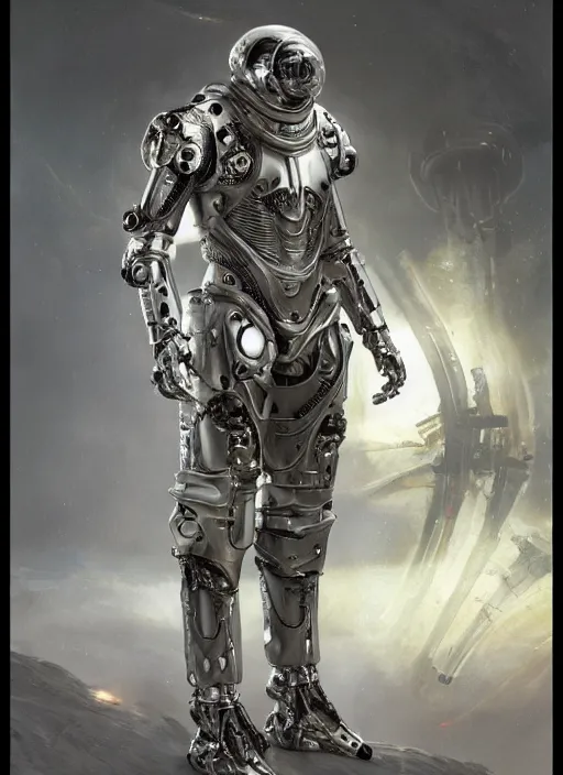 Prompt: portrait of a futuristic silver armored knight cyborg with mechanical very detailed space suit, modern fine art, fractal, intricate, elegant, highly detailed, digital photography, subsurface scattering, by jheronimus bosch and greg rutkowski,