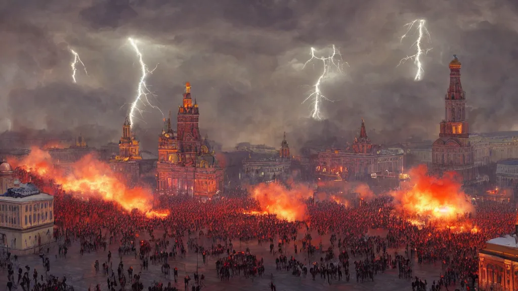 Image similar to ukranian army storming red square with fire and smoke burining in the background, lightning strikes, volumetric lightning by eugene von guerard, ivan shishkin, dramatic lighting, concept art, trending on artstation, 8 k